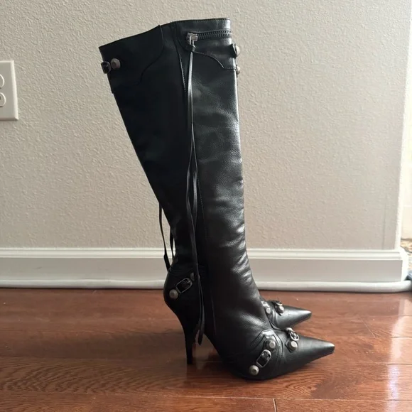 Rocker Chic Knee High Studded Stiletto Boots with Tassels - Picture 10 of 13